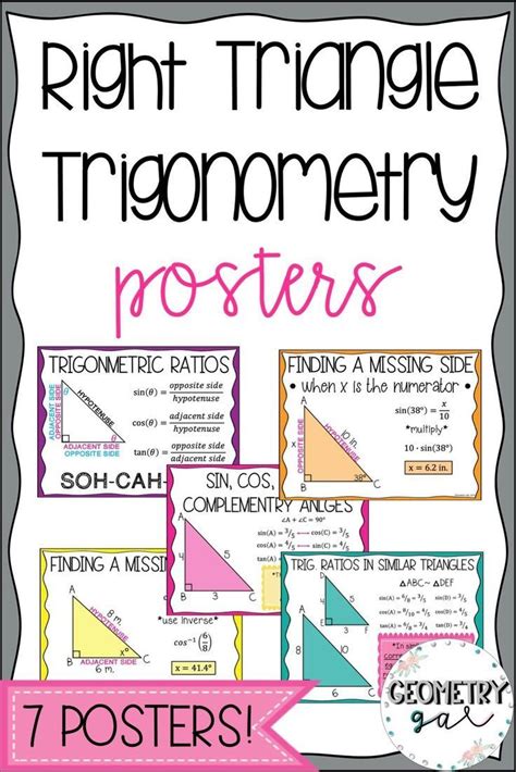 the right triangle trigonomey posters are shown in pink, blue and yellow