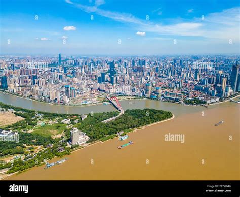 Aerial view of Wuhan skyline and Yangtze river with supertall ...