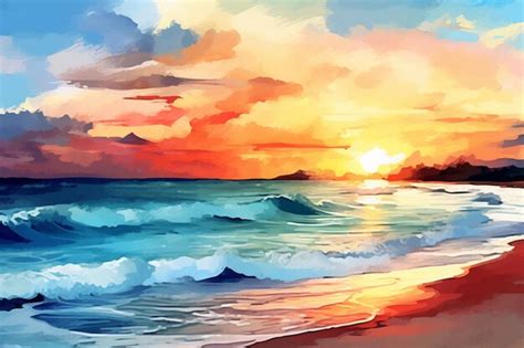 Premium AI Image | painting of a sunset over the ocean with waves ...