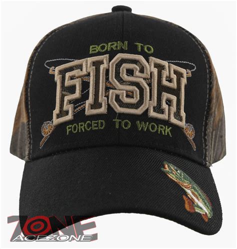 NEW! BORN TO FISH FORCED TO WORK OUTDOOR SPORT FISHING CAP HAT BLACK ...