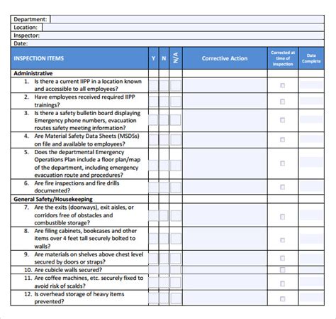 Workplace Safety Inspection Checklist Template Excel