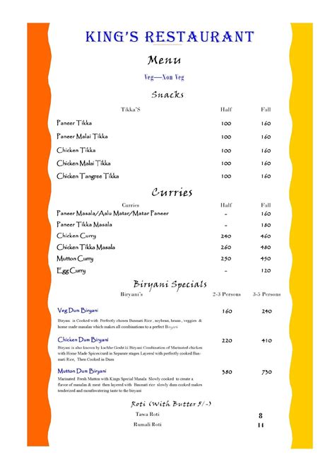 Menu at Kings Restaurant, Bhopal