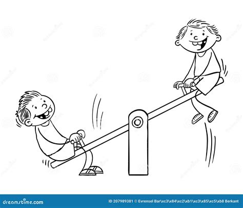 Hand Drawn Black And White Illustration Of Kids On A Teeter Totter ...