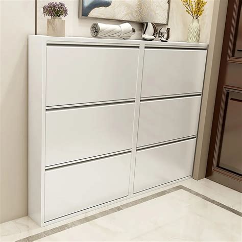 White Narrow Shoe Storage Cabinet Wall Mounted in Small-Homary