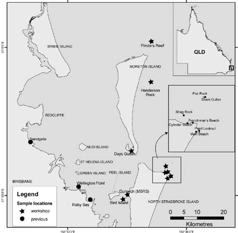 Map of the Moreton Bay region, indicating locations of specimens... | Download Scientific Diagram