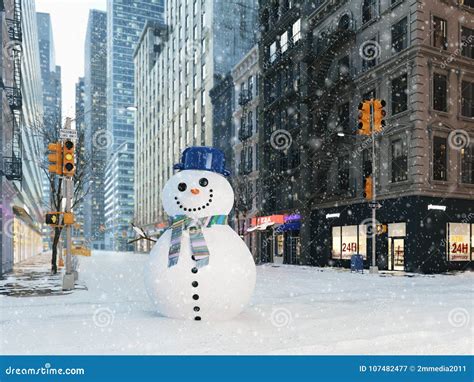 Blizzard in New York City. Build Snowman. 3d Rendering Stock ...