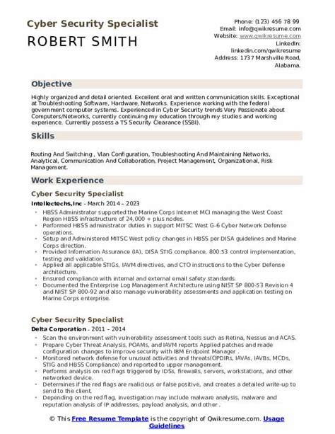 Cyber Security Specialist Resume Samples | QwikResume