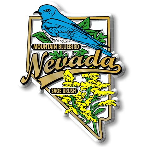 Nevada State Bird & Flower Map Magnet design features a Mountain Bluebird