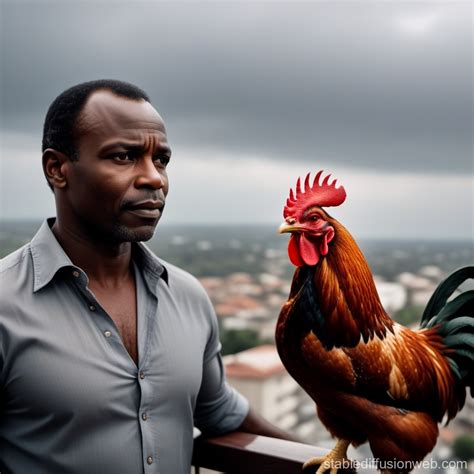 African Man on Chicken-Logo Skyscraper's Balcony | Stable Diffusion Online