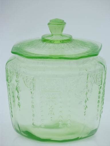 vintage green depression glass cookie or biscuit jar, canister w/ lid