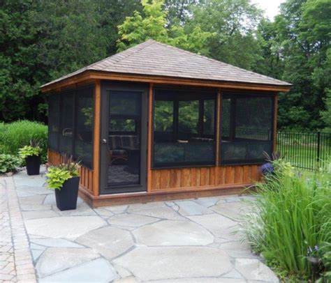 Fascinating Screened Gazebo Over Stone Patio Floor Design With Pyramid ...