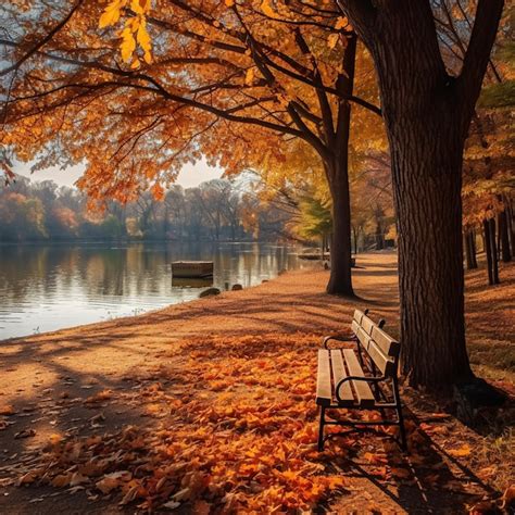 Premium AI Image | Park benches with Autumn leaves in the park