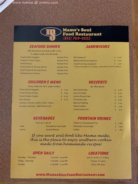 Menu at Mama's Soul Food Restaurant, Tampa