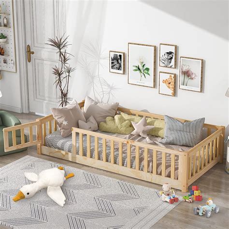 Twin Toddler House Bed Frame, Montessori Floor Bed with Fence, Low Wood Platform for Kids ...