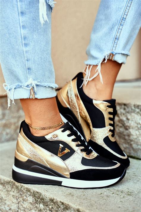 Women's Wedge Sneakers Black Gold Isla | Cheap and fashionable shoes at ...