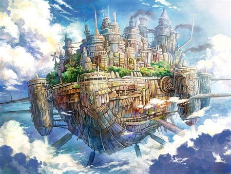 Kemi neko original fantasy cities castle sky island clouds fly, castle ...