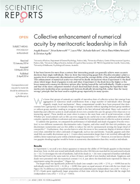 (PDF) Collective enhancement of numerical acuity by meritocratic leadership in fish | Brian ...