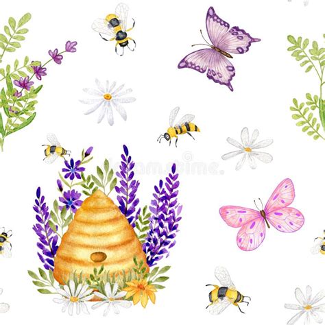 Butterfly and Bees. Watercolor Seamless Pattern with Butterflies, Bees and Wildflowers Stock ...