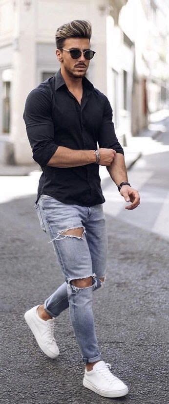 Light Blue Sweat Pant, Ripped Jeans Fashion Wear With Black Shirt, Black Shirt Outfit Men ...