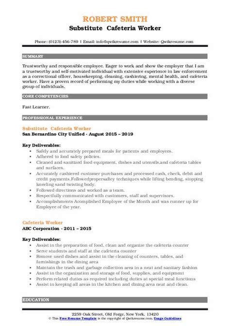 School Cafeteria Worker Resume Sample