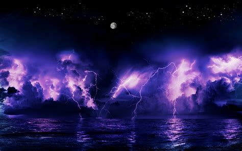 Download Moon Ocean Lightning Storm Cloud Purple Nature Sky HD Wallpaper