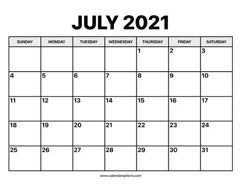 July Calendar 2021 – Calendar Options