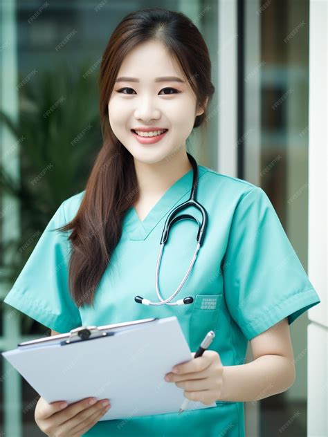 Premium AI Image | A woman wearing a blue scrubs and a stethoscope is standing in front of a window.