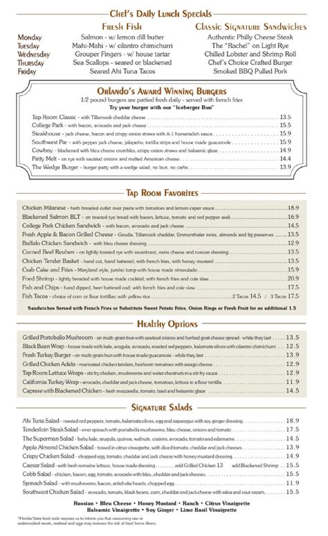 Menu at The Tap Room at Dubsdread restaurant, Orlando