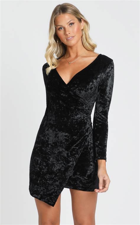 Carli Long Sleeve Mini Dress in Black Velvet | Showpo