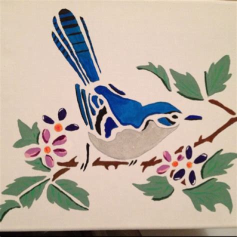 Stencil blue jay on canvas | Bird stencil, Bird art, Fabric painting