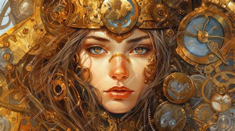 Premium AI Image | A woman with a gold headdress and a clock face.