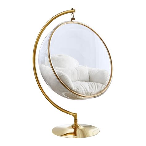 Gold Bubble Chair with Stand and White Faux Fur Cushions | Clear Home Design