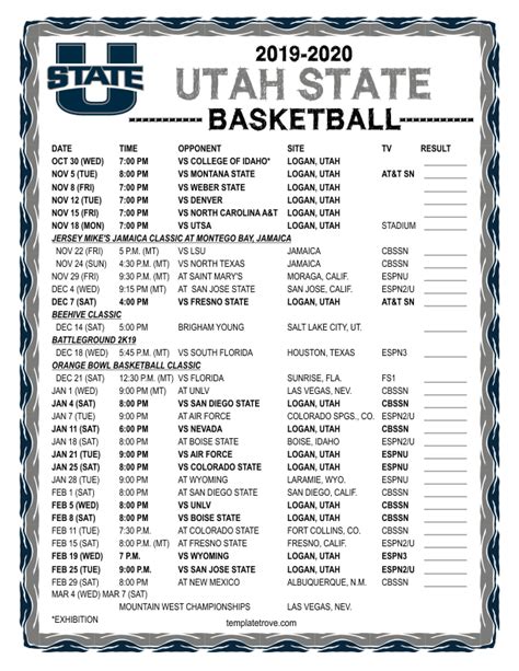 Printable 2019-2020 Utah State Aggies Basketball Schedule