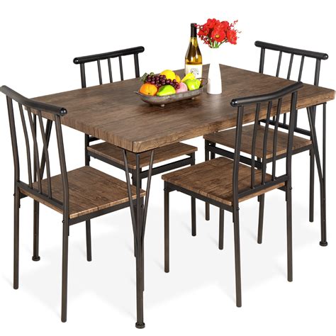 5-Piece Modern Metal and Wood Dining Table Furniture Set w/ 4 Chairs ...