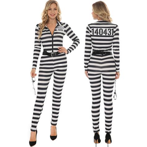 Women Prisoner Costume Escaped Prisoners Jumpsuit Striped Prison Inmate Halloween Cosplay ...