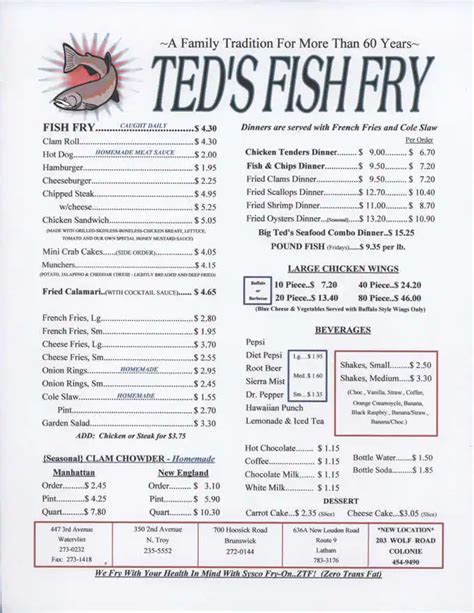 Menu at Ted's Fish Fry restaurant, Troy, 350 2nd Ave