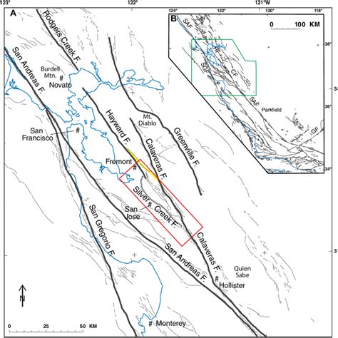 (A) Map showing the San Andreas fault system in the greater San ...