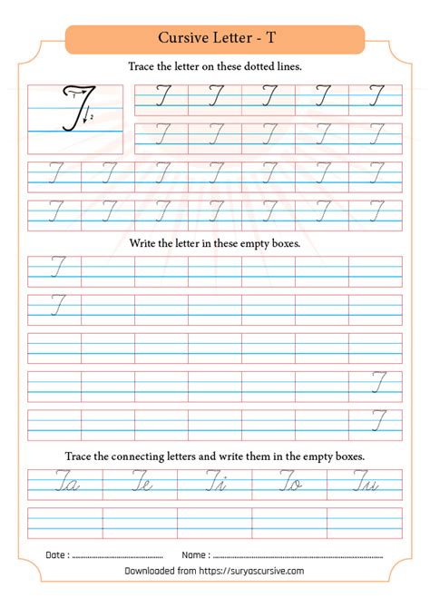 Capital Letter T in Cursive - SuryasCursive.com