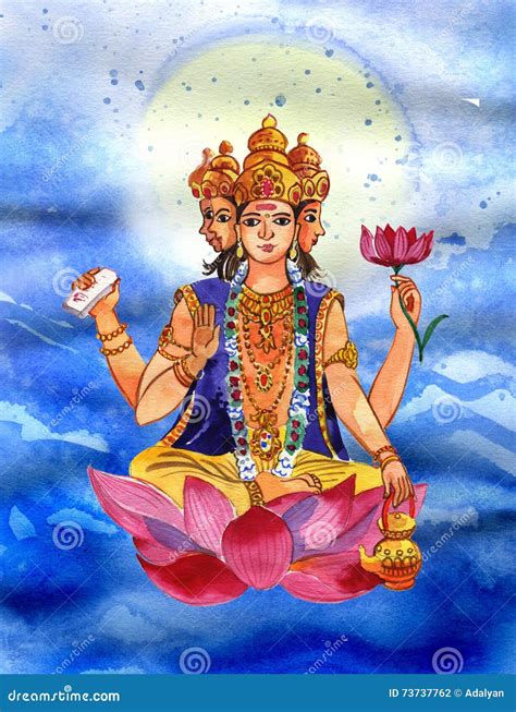 Brahma Sits on a Lotus Flower in Her Hand Stock Illustration ...