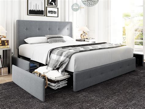 NextFur Light Grey Queen Platform Bed Frame with 4 Drawers Storage and Headboard, Square ...