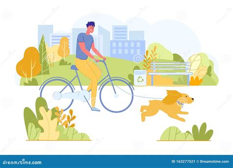 Man Riding Bicycle with Dog Running Near in Park. Stock Vector - Illustration of cheerful ...