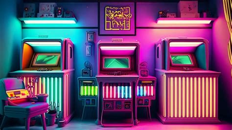 Premium AI Image | Retro inspired gaming room with arcade machines and neon lights