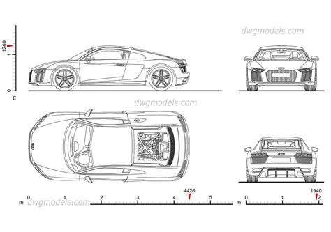 Audi R8 (2015) drawings, AutoCAD blocks download, dimensions, 2D model | Audi, Audi r8, Car drawings