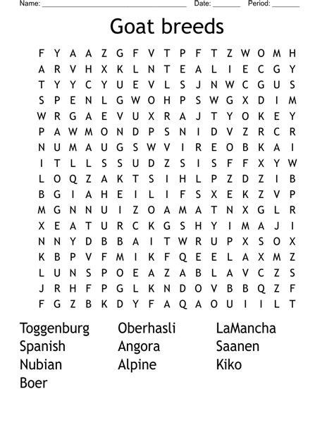 Goat breeds Word Search - WordMint