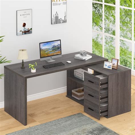 Buy HSHL Shaped Desk with Drawers, Shape Computer Storage Cabinet Shelves, Reversible Modern ...