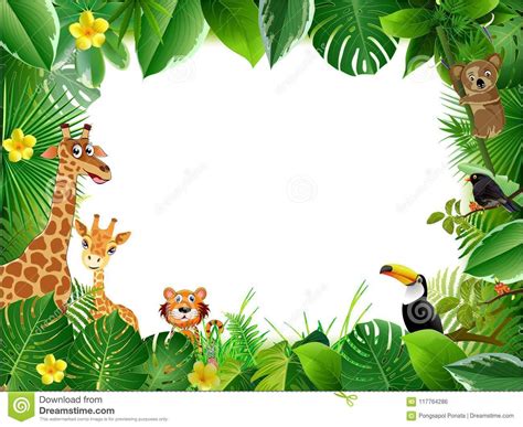 Bright Tropical Background with Cartoon Jungle Animals