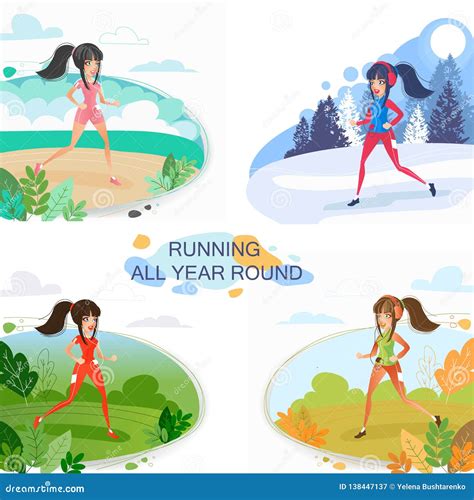 Sports Activities in Nature during All Seasons. Athletes Run through ...