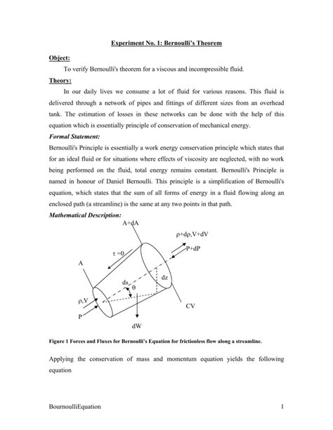 Experiment No. 1: Bernoulli's Theorem Object: To verify Bernoulli's