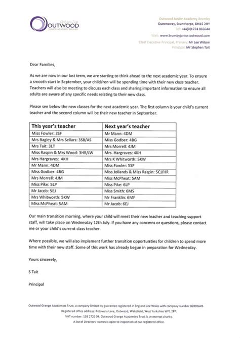 Parents' Letter New Classes - Outwood Junior Academy Brumby