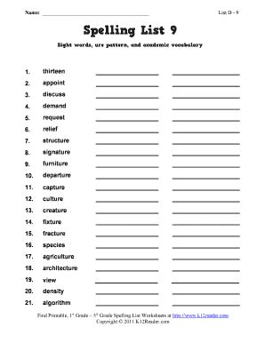 Fourth Grade Spelling Words Worksheet Week 9 - K12 Reader - Fill and ...